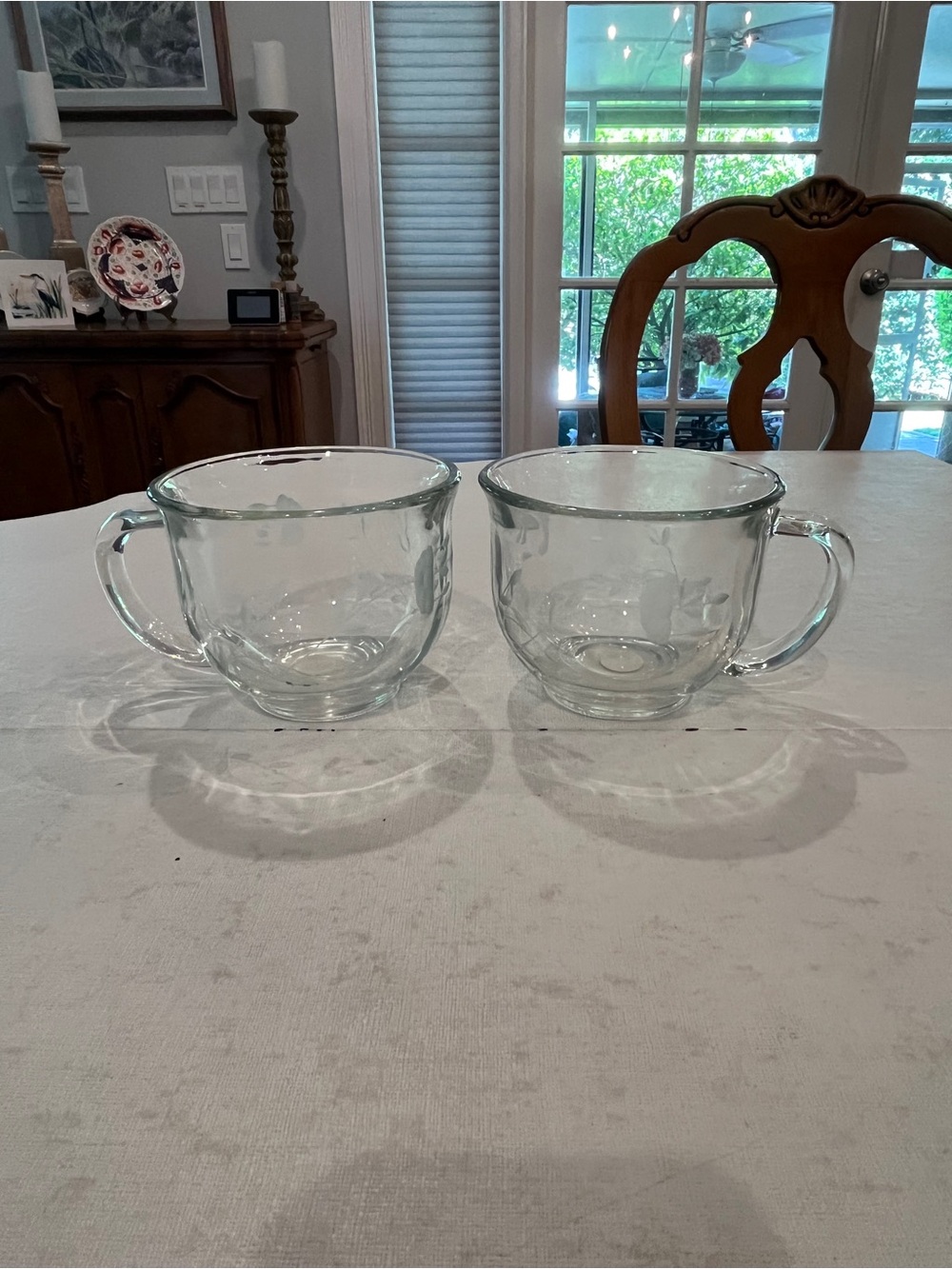 Vintage Princess House floral etched glass large cappuccino mug set. Set of 2